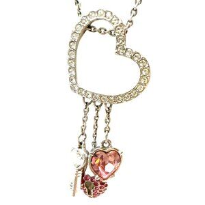Silver Tone Heart Pendant Necklace w Pink Gem Charms and Adjustable Chain